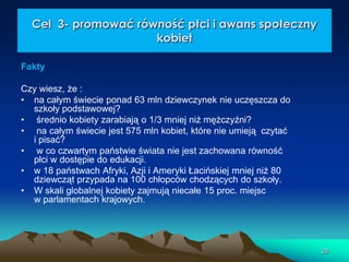 Cel 3- promować równość płci i awans społeczny
kobiet
Fakty

Czy wiesz, że :
• na całym świecie ponad 63 mln dziewczynek nie uczęszcza do
szkoły podstawowej?
• średnio kobiety zarabiają o 1/3 mniej niż mężczyźni?
• na całym świecie jest 575 mln kobiet, które nie umieją czytać
i pisać?
• w co czwartym państwie świata nie jest zachowana równość
płci w dostępie do edukacji.
• w 18 państwach Afryki, Azji i Ameryki Łacińskiej mniej niż 80
dziewcząt przypada na 100 chłopców chodzących do szkoły.
• W skali globalnej kobiety zajmują niecałe 15 proc. miejsc
w parlamentach krajowych.

29

 
