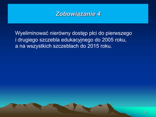 Zobowiązanie 4
Wyeliminować nierówny dostęp płci do pierwszego
i drugiego szczebla edukacyjnego do 2005 roku,
a na wszystkich szczeblach do 2015 roku.

30

 
