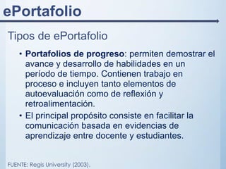 ePortafolio
Tipos de ePortafolio
• Portafolios de progreso: permiten demostrar el
avance y desarrollo de habilidades en un
período de tiempo. Contienen trabajo en
proceso e incluyen tanto elementos de
autoevaluación como de reflexión y
retroalimentación.
• El principal propósito consiste en facilitar la
comunicación basada en evidencias de
aprendizaje entre docente y estudiantes.
FUENTE: Regis University (2003).
 