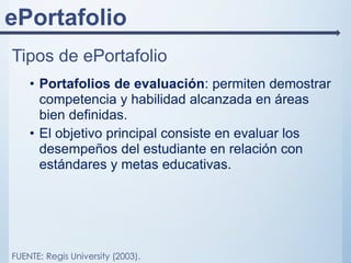 ePortafolio
Tipos de ePortafolio
• Portafolios de evaluación: permiten demostrar
competencia y habilidad alcanzada en áreas
bien definidas.
• El objetivo principal consiste en evaluar los
desempeños del estudiante en relación con
estándares y metas educativas.
FUENTE: Regis University (2003).
 