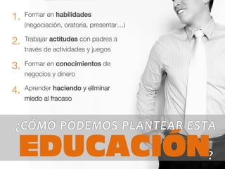 1. Formar en habilidades
(negociación, oratoria, presentar…)
2. Trabajar actitudes con padres a
través de actividades y juegos
3. Formar en conocimientos de
negocios y dinero
4. Aprender haciendo y eliminar
miedo al fracaso
EDUCACIÓN
