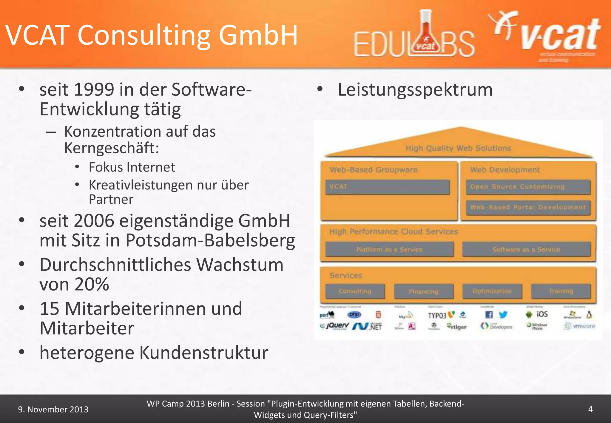 VCAT Consulting GmbH
• seit 1999 in der SoftwareEntwicklung tätig

• Leistungsspektrum

– Konzentration auf das
Kerngeschäft:
• Fokus Internet
• Kreativleistungen nur über
Partner

• seit 2006 eigenständige GmbH
mit Sitz in Potsdam-Babelsberg
• Durchschnittliches Wachstum
von 20%
• 15 Mitarbeiterinnen und
Mitarbeiter
• heterogene Kundenstruktur
9. November 2013

WP Camp 2013 Berlin - Session "Plugin-Entwicklung mit eigenen Tabellen, BackendWidgets und Query-Filters"

4

 