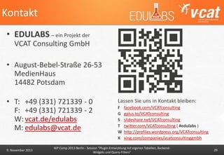 Kontakt
• EDULABS – ein Projekt der
VCAT Consulting GmbH
• August-Bebel-Straße 26-53
MedienHaus
14482 Potsdam
• T: +49 (331) 721339 - 0
F: +49 (331) 721339 - 2
W: vcat.de/edulabs
M: edulabs@vcat.de
9. November 2013

Lassen Sie uns in Kontakt bleiben:
F
G
S
T
W
X

facebook.com/VCATconsulting
gplus.to/VCATconsulting
slideshare.net/VCATconsulting
twitter.com/VCATconsulting ( #edulabs )
http://profiles.wordpress.org/VCATconsulting
xing.com/companies/vcatconsultinggmbh

WP Camp 2013 Berlin - Session "Plugin-Entwicklung mit eigenen Tabellen, BackendWidgets und Query-Filters"

29

 