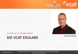 Ausbildung am lebenden Objekt

DIE VCAT EDULABS

9. November 2013

WP Camp 2013 Berlin - Session "Plugin-Entwicklung mit eigenen Tabellen, BackendWidgets und Query-Filters"

Nico Danneberg

3

 