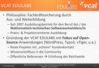 VCAT EDULABS
• Philosophie: Fachkräftesicherung durch
Aus- und Weiterbildung
– Seit 2007 Ausbildungsbetrieb für den Beruf des / der
Mathematisch-technischen Softwareentwicklers/in
– Praxis- & Projektorientierte Ausbildung

• Gründung der VCAT EDULABS mit Fokus auf OpenSource-Anwendungen (WordPress, Typo3, vTiger, u.a.)
– Reale Projekte mit „echtem“ Kundenkontakt
– Wissensrückfluss in die Community
– Öffentliche Referenzen  Erhöhung der Reichweite
9. November 2013

WP Camp 2013 Berlin - Session "Plugin-Entwicklung mit eigenen Tabellen, BackendWidgets und Query-Filters"

5

 