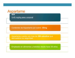 Aspartame
IDA
0-40 mg/kg peso corporal
Contenido de Aspartame por sobre: 35mg
Aspartame cuenta con mas de 200 estudios que
demuestran su seguridad.
Empleado en alimentos y bebidas desde hace 30 años.
 