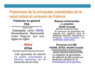 Posiciones de la principales autoridades de la
salud sobre el consumo de Estevia
Población en general
FDA
(Administración de Alimentos y Medicamentos de los
Estados Unidos)
Catalogada como GRAS:
Generalmente Reconocida
como Segura, por sus
siglas en ingles.
Personas con DM
FSANZ, EFSA, Health Canadá
(Normas Alimentarias de Australia y nueva
Zelanda, Autoridad Europea de Seguridad
Alimentaria, Ministerio de Salud de Canadá)
La ingestión de glucósidos
de esteviol de alta pureza no
producen cambios en la
homeostasis de la glucosa.
Niños
EFSA
(Autoridad Europea de Seguridad Alimentaria)
Los glucósidos de esteviol
no están vinculados a
efectos adversos en el
desarrollo de los niños.
Mujeres embarazadas
y Lactantes
Health Canadá
(Ministerio de Salud de Canadá)
El consumo de glucósidos de
esteviol son seguros para la
población general, incluyendo a
mujeres embarazadas, en
cantidades adecuadas.
 