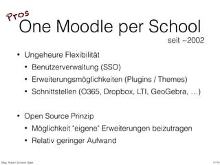 One Moodle per School
• Ungeheure Flexibilität
• Benutzerverwaltung (SSO)
• Erweiterungsmöglichkeiten (Plugins / Themes)
•...
