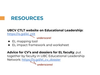 RESOURCES
UBCV CTLT website on Educational Leadership:
https://is.gd/el_ctlt
● EL mapping tool
● EL impact framework and w...