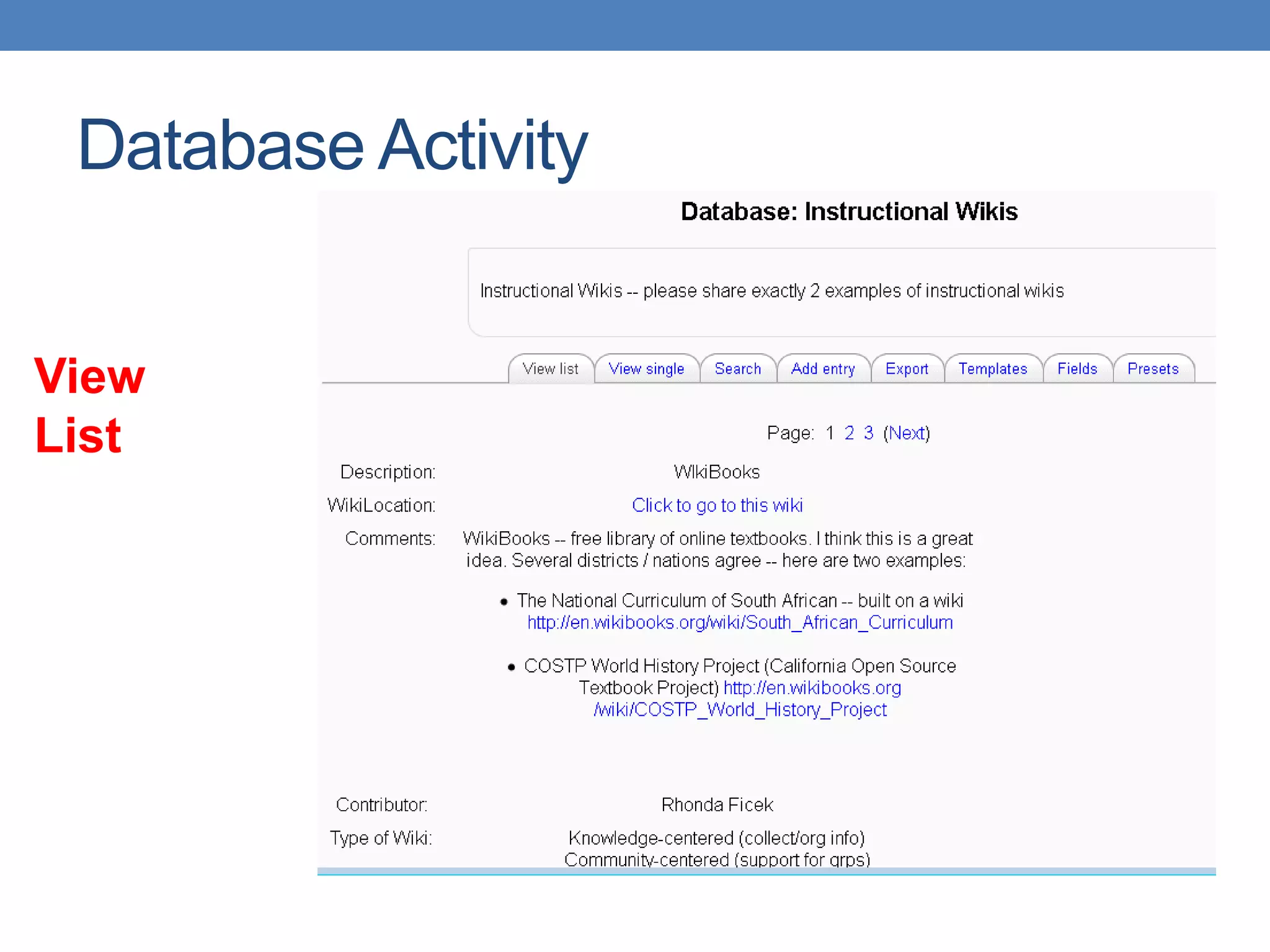 Database ActivityView List