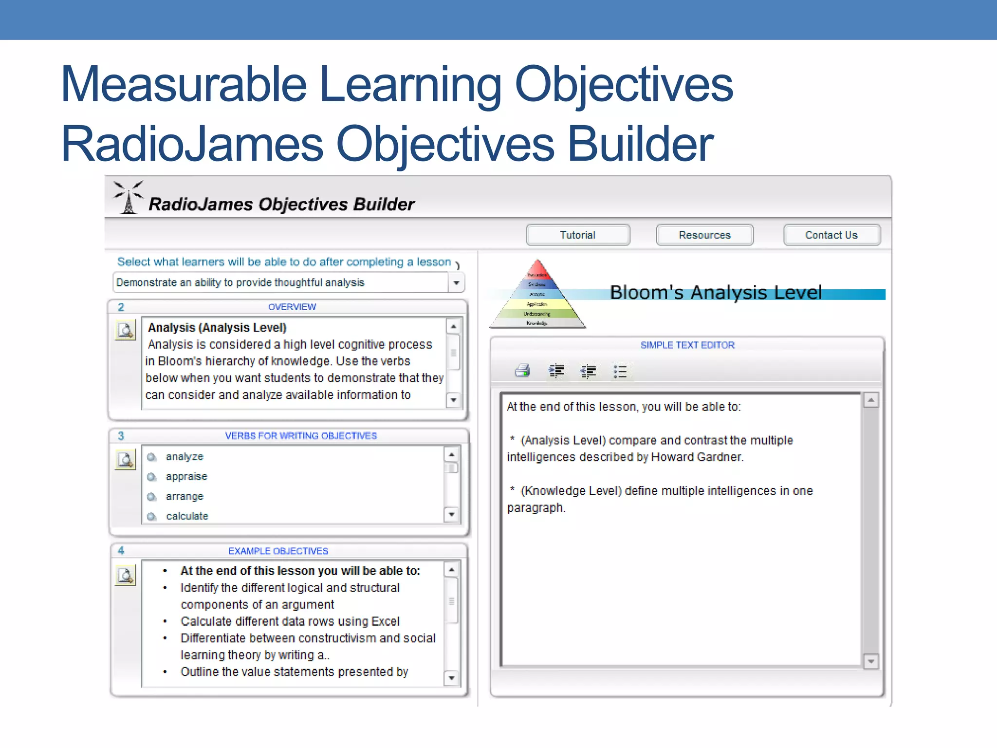 Measurable Learning ObjectivesRadioJames Objectives Builder