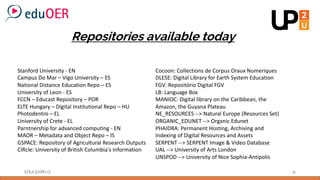 Repositories available today
EDULEARN 17 11
Cocoon: Collections de Corpus Oraux Numeriques
DLESE: Digital Library for Eart...