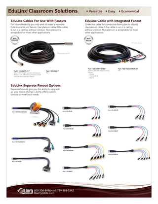 EduLinx Classroom Solutions
                          ®
                                                                                              • Versatile • Easy                                    • Economical

EduLinx Cables For Use With Fanouts                                                          EduLinx Cable with Integrated Fanout
For future flexibility you may wish to order a separate                                      Order this cable for connection from plate to display.
EduLinx cable and fanout. Use plenum cable if the cable                                      Use plenum cable if the cable is run in a ceiling
is run in a ceiling without conduit. Non-plenum is                                           without conduit. Non-plenum is acceptable for most
acceptable for most other applications.                                                      other applications.

   MOST                                                                                        BEST
 VERSATILE                                                                                    VALUE
                                                                                                                                                                   PVC Cable Shown




                                                                  Plenum Cable Shown




                                                                                                Part # EZ-LINX-P-2V2A-*                             Part # EZ-VGA3.53RCA-35*
    Part # EZ-LINX-P-C1-*                           Part # EZ-LINX-C1                           EduLinx cable with integrated fanout.               PVC
    New EduLinx using 6 coax and 2 twisted pairs.   PVC                                         Plenum
    Molded 13-Pin DIN female connectors on both                                                 - 1 VGA M
    ends with Blue mold color. Plenum                                                           - 1 3.5mm TRS M
                                                                                                - 3 RCA M



EduLinx Separate Fanout Options
Separate fanouts give you the ability to upgrade
as your needs change. Liberty offers custom
fanouts to meet your needs.




                                                                                                                                 Part # EZ-3BNCM
                                                                          Part # EZ-3RCAF
 Part # EZVGA3.53RCA-C1
                                BEST SELLER!




                                                                           Part # EZ-3RCAM
                                                                                                                                  Part # EZ-3BNCF




 Part # EZ-VGAMAM-C1




                                                                          Part # EZ-5RCAM


                                                                                                                                  Part # EZ-5RCAF




 Part # EZ-VGAM




                                                                          Part # EZ-5BNCF




                                     800-530-8998 • +1-719-388-7542
                                     libertycable.com
 