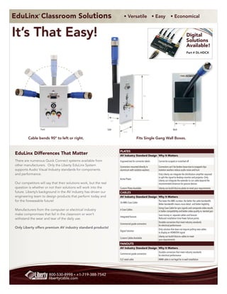 EduLinx Classroom Solutions
                ®
                                                                                 • Versatile • Easy                             • Economical


It’s That Easy!                                                                                                                                      Digital
                                                                                                                                                     Solutions
                                                                                                                                                     Available!
                                                                                                                                                     Part # DL-HDCX




                                                                                                       4.5”




                                                                      1.5”

                                                                                                                                              1.8”

                    Front                                          Side                                                            Back
                                                                                 2.75”


         Cable bends 90º to left or right.                                                      Fits Single Gang Wall Boxes.


                                                                             PLATES
EduLinx Differences That Matter                                              AV Industry Standard Design Why It Matters
There are numerous Quick Connect systems available from                      Engraved text for connector labels   Cannot be scraped or scratched off
other manufacturers. Only the Liberty EduLinx System                         Connectors mounted directly in       Connectors can’t be broken loose due to snapped clips
supports Audio Visual Industry standards for components                      aluminum with isolation washers      Isolation washers reduce audio noise and hum
and performance.                                                                                                  Only Liberty can integrate the distribution amplifier required
                                                                                                                  to split the signal to desktop monitor and projector. Only
                                                                             Active Plates
                                                                                                                  Liberty can integrate the extender to run cable beyond the
Our competitors will say that their solutions work, but the real                                                  recommended distances for passive devices
question is whether or not their solutions will work into the                Custom Plates Available              Liberty can build EduLinx plates to meet your requirements
future. Liberty’s background in the AV industry has driven our               CABLES
engineering team to design products that perform today and                   AV Industry Standard Design Why It Matters
for the foreseeable future!                                                  26 AWG Coax Cable
                                                                                                                  The lower the AWG number, the better the cable bandwidth.
                                                                                                                  Better bandwidth means more detail and better legibility.
                                                                                                                  Using Coax Cable for sync signals and composite video results
Manufacturers from the computer or electrical industry                       6 Coax Cables
                                                                                                                  in better compatibility and better video quality vs. twisted pair
make compromises that fail in the classroom or won’t                                                              Save money vs. separate cables and fanouts
                                                                             Integrated fanouts
withstand the wear and tear of the daily use.                                                                     Reduced installation time Fewer failure points
                                                                                                                  Durable connectors that meet industry standards
                                                                             Commercial grade connectors
                                                                                                                  for electrical performance
Only Liberty offers premium AV industry standard products!                                                        Only solution that does not require pulling new cables
                                                                             Digital Solution
                                                                                                                  to display an HDMI/DVI signal
                                                                                                                  Liberty can build EduLinx cables to meet
                                                                             Custom Cables Available
                                                                                                                  your requirements
                                                                             FANOuTS
                                                                             AV Industry Standard Design Why It Matters
                                                                                                                  Durable connectors that meet industry standards
                                                                             Commercial grade connectors
                                                                                                                  for electrical performance
                                                                             CL2 rated cable                      AWM cable is not legal for in-wall installation




                            800-530-8998 • +1-719-388-7542
                            libertycable.com
 
