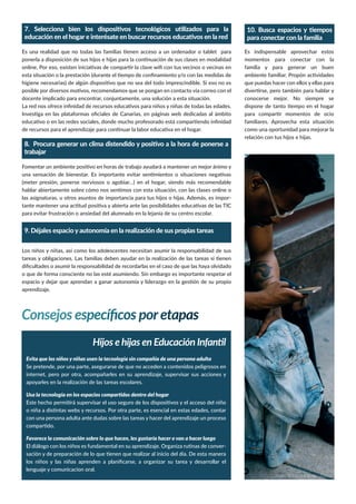 Imagen de ConvertKit en Unsplash
docente implicado para encontrar, conjuntamente, una solución a esta situación.
(meter presión, ponerse nerviosos o agobiar…) en el hogar, siendo más recomendable
las asignaturas, u otros asuntos de importancia para tus hijos o hijas. Además, es impor-
para evitar frustración o ansiedad del alumnado en la lejanía de su centro escolar.
Los niños y niñas, así como los adolescentes necesitan asumir la responsabilidad de sus
o que de forma consciente no las esté asumiendo. Sin embargo es importante respetar el
Es indispensable aprovechar estos
momentos para conectar con la
familia y para generar un buen
que puedas hacer con ellos y ellas para
conocerse mejor. No siempre se
familiares. Aprovecha esta situación
como una oportunidad para mejorar la
relación con tus hijos e hijas.
Imagen de Derick Anies en Unsplash
Evita que los niños y niñas usen la tecnología sin compañía de una persona adulta
Se pretende, por una parte, asegurarse de que no acceden a contenidos peligrosos en
-
lenguaje y comunicacion oral.
 