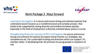 Work Package 3 Ways forward
Learning to live together ↔ secure and ensure strong and coherent policies that
understand social inclusion as a mulitdimensional and complex process that
needs to be supported by strong diversity and antidiscrimination policies.
Especially in the field of employment a diversity oriented labour policy is crucial.
Strengthening drivers for inclusion of APC in AE Systems ↔ secure and ensure
strong and coherent EU policies (European Social Charter, LLL strategies, key
competences etc.) for sustainable funding and directives which can support EU
member states in developing their AE provision to young people in situations of
risk.
The project is funded by the European
Union’s Horizon 2020 Research and
Innovation Programme.
Contract No. 693388
 