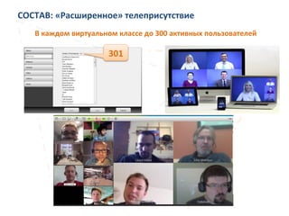 СОСТАВ:	
  «Расширенное»	
  телеприсутствие	
  
301	
  
В	
  каждом	
  виртуальном	
  классе	
  до	
  300	
  активных	
  пользователей	
  
 