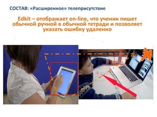 СОСТАВ:	
  «Расширенное»	
  телеприсутствие	
  
Edkit	
  –	
  отображает	
  on-­‐line,	
  что	
  ученик	
  пишет	
  
обычной	
  ручной	
  в	
  обычной	
  тетради	
  и	
  позволяет	
  
указать	
  ошибку	
  удаленно	
  
 