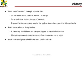 eDiary Send “notifications” through email & SMS To the whole school, class or section – in one go To an individual student/groups of students Ensures that the parents do receive the update & can also respond to it immediately Read any student’s diary online  Is there any trend (Rahul has always struggled to focus in Maths class) Check the progress (categorise the notifications as +ve, -ve or info) Know how well your school/teachers communicate 