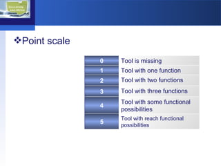 Point scale 0 Tool is missing 1 Tool with one function  2 Tool with two functions 3 Tool with three functions 4 Tool with some functional possibilities  5 Tool with reach functional possibilities  