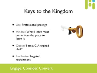 Keys to the Kingdom

 •   Use: Professional prestige

 •   Mindset: What I learn must
     come from the place to
     lea...