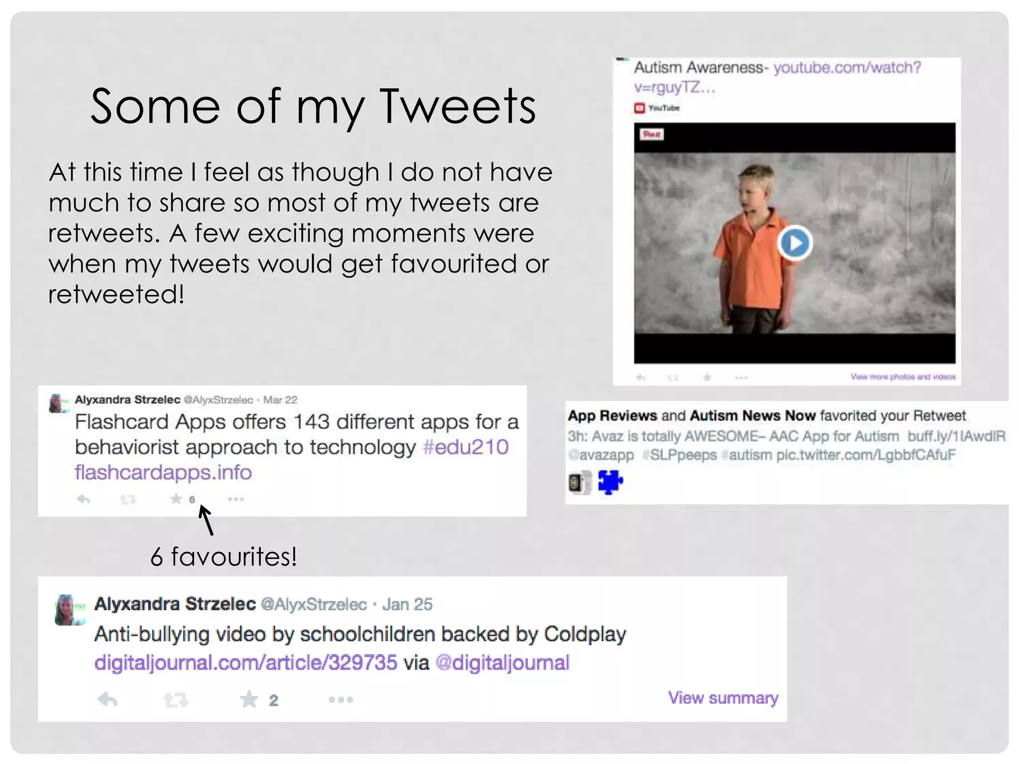 Some of my Tweets
6 favourites!
At this time I feel as though I do not have
much to share so most of my tweets are
retweets. A few exciting moments were
when my tweets would get favourited or
retweeted!
 