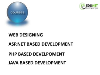 WEB DESIGNING
ASP.NET BASED DEVELOPMENT
PHP BASED DEVELPOMENT
JAVA BASED DEVELOPMENT
 