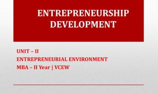 ENTREPRENEURSHIP
DEVELOPMENT
UNIT – II
ENTREPRENEURIAL ENVIRONMENT
MBA – II Year | VCEW
 