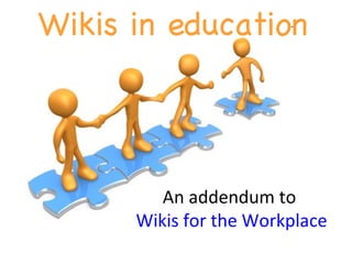 Wikis in education http://flickr.com/photos/caseywest/351408975/ An addendum to  Wikis for the Workplace 