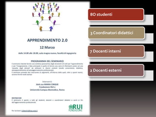 8O studenti



3 Coordinatori didattici



7 Docenti interni



2 Docenti esterni
 