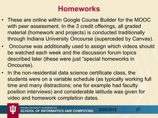 Homeworks
• These are online within Google Course Builder for the MOOC
with peer assessment. In the 3 credit offerings, al...