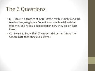 The 2 Questions
• Q1. There is a teacher of 32 8th-grade math students and the
teacher has just given a DA and wants to debrief with her
students. She needs a quick read on how they did on each
item.
• Q2. I want to know if all 5th-graders did better this year on
STAAR math than they did last year.

 