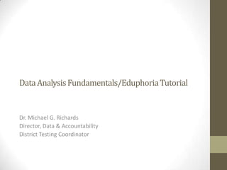 Data Analysis Fundamentals/Eduphoria Tutorial

Dr. Michael G. Richards
Director, Data & Accountability
District Testing Coordinator

 
