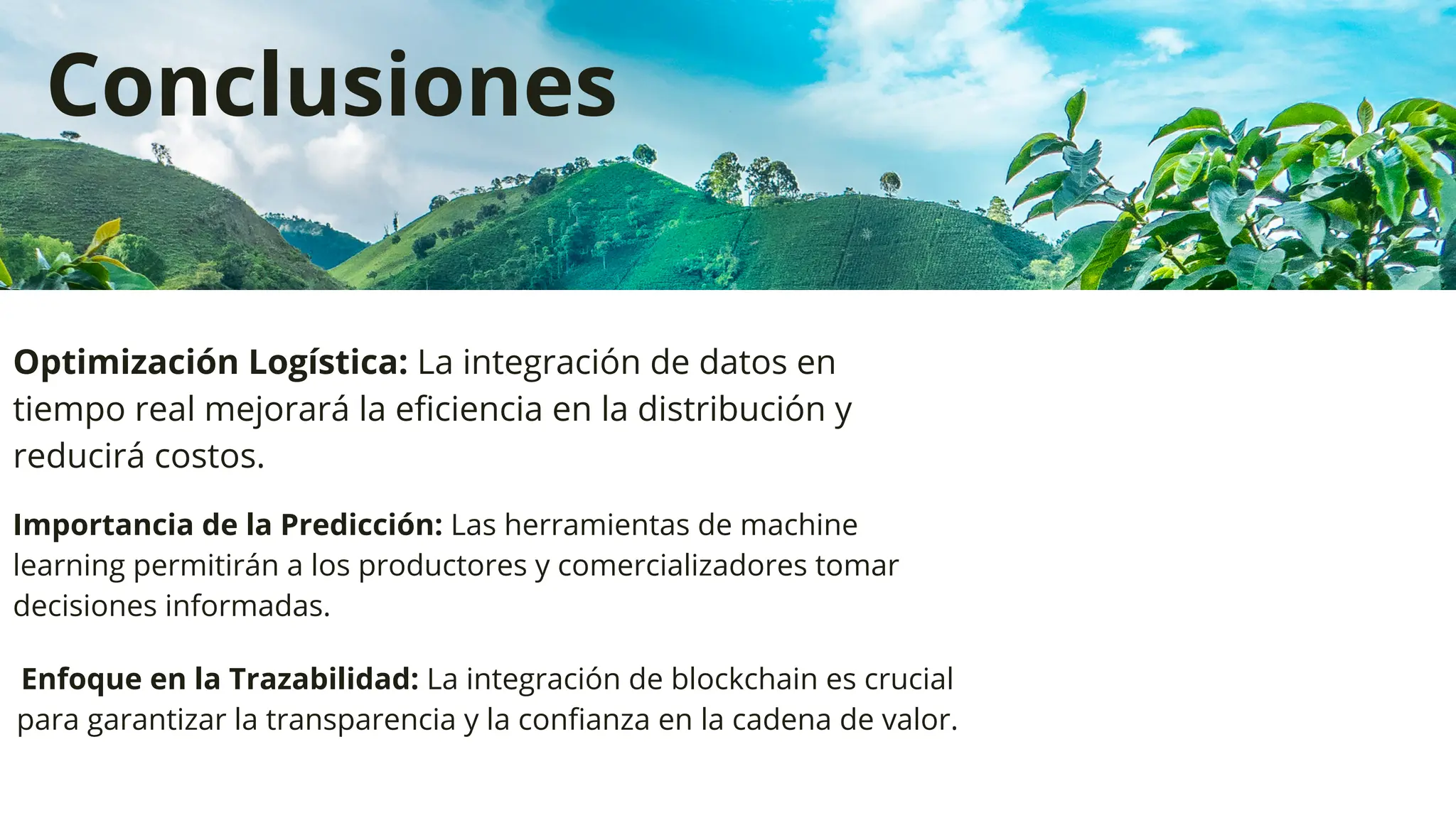 Optimización Logística: La integración de datos en
tiempo real mejorará la eficiencia en la distribución y
reducirá costos.
Conclusiones
Enfoque en la Trazabilidad: La integración de blockchain es crucial
para garantizar la transparencia y la confianza en la cadena de valor.
Importancia de la Predicción: Las herramientas de machine
learning permitirán a los productores y comercializadores tomar
decisiones informadas.
 