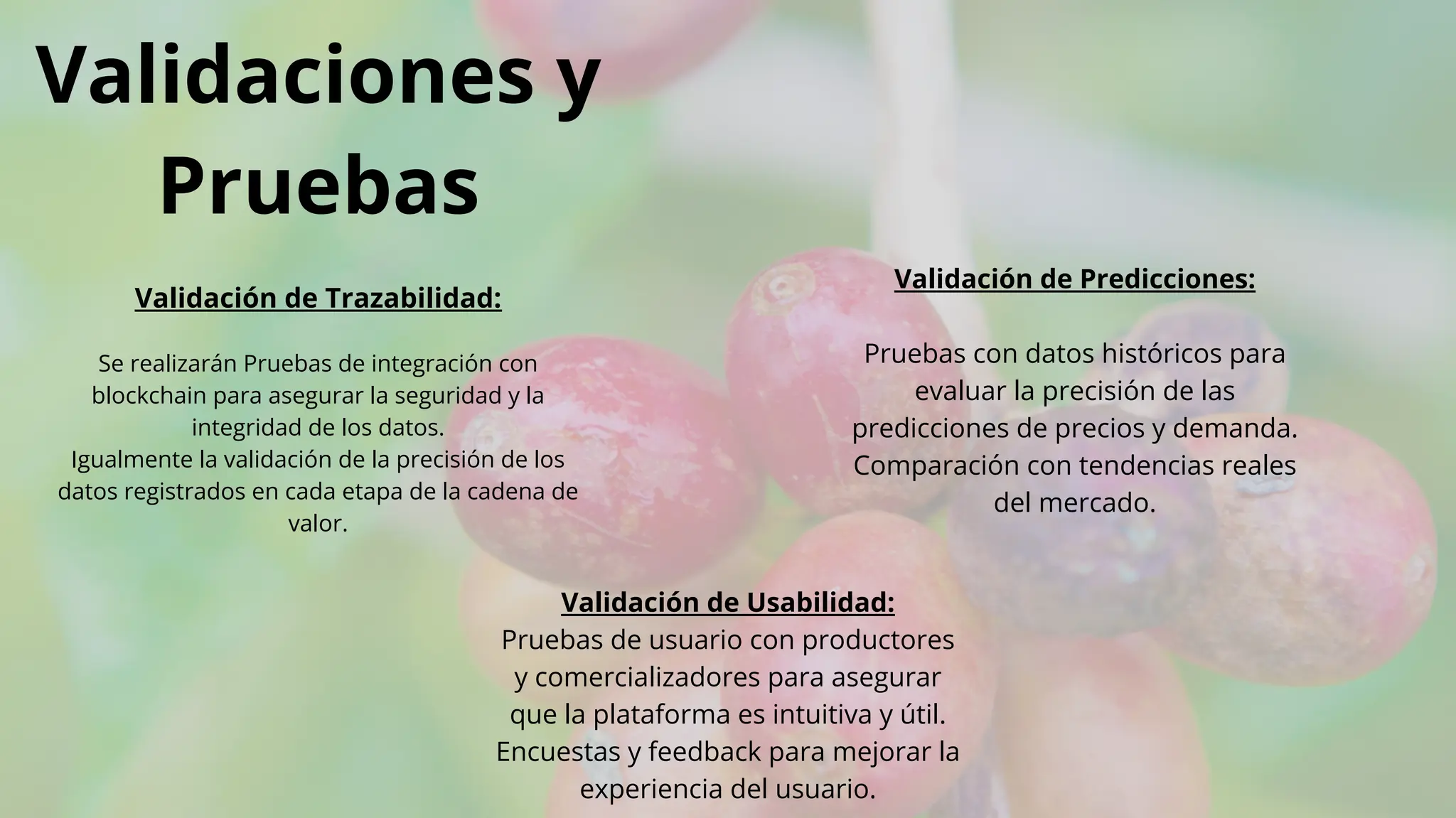 Validaciones y
Pruebas
Validación de Usabilidad:
Pruebas de usuario con productores
y comercializadores para asegurar
que la plataforma es intuitiva y útil.
Encuestas y feedback para mejorar la
experiencia del usuario.
Validación de Trazabilidad:
Se realizarán Pruebas de integración con
blockchain para asegurar la seguridad y la
integridad de los datos.
Igualmente la validación de la precisión de los
datos registrados en cada etapa de la cadena de
valor.
Validación de Predicciones:
Pruebas con datos históricos para
evaluar la precisión de las
predicciones de precios y demanda.
Comparación con tendencias reales
del mercado.
 