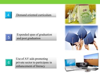 Demand oriented curriculum4
Expended span of graduation
and post graduation5
Use of AV aids promoting
private sector to participate in
enhancement of literacy
6
 
