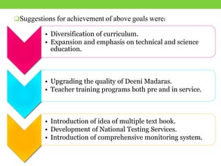 • Diversification of curriculum.
• Expansion and emphasis on technical and science
education.
• Upgrading the quality of Deeni Madaras.
• Teacher training programs both pre and in service.
• Introduction of idea of multiple text book.
• Development of National Testing Services.
• Introduction of comprehensive monitoring system.
Suggestions for achievement of above goals were:
 