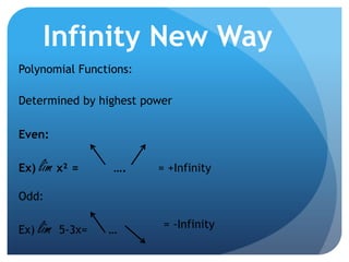 Infinity New WayPolynomial Functions: Determined by highest power Even:Ex) limx² =          ….         = +InfinityOdd:Ex) lim5-3x=      …  = -Infinity