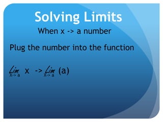 Solving LimitsWhen x -> a number Plug the number into the functionLim  x  -> Lim (a) X-> aX-> a