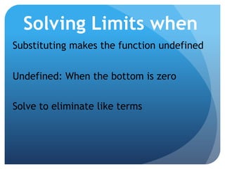 Solving Limits whenSubstituting makes the function undefined Undefined: When the bottom is zeroSolve to eliminate like terms 