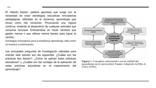 El método Kaizen: palabra japonesa que surge con la
necesidad de crear estrategias educativas innovadoras
pedagógicas utilizadas en la docencia, aprendizaje que
sirven como hilo conductor. Provocando una mejora
continua, evitando el desperdicio de cualquier actividad que
consuma recursos. Enfocándose en hacer cambios que
gasten menos o que utilices menos tiempo para lograr el
cambio.
Estrategias innovadoras para la enseñanza-aprendizaje, tales como
se muestra a continuación:
Las principales preguntas de investigación utilizadas para
orientar este estudio son las siguientes: ¿Cuáles son las
prácticas tipo Kaizen?, ¿Cómo se aplican estas prácticas
educativas? y ¿Cuáles son las ventajas de la aplicación de
estas prácticas educativas en el mejoramiento del
aprendizaje?
 