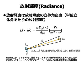 放射輝度(Radiance)
Lambertのコサイン則より𝑑𝐸 𝜔 cos 𝜃 = 𝑑𝐸
𝐿 𝑥, 𝜔 =
𝑑𝐸 𝑥
𝑑𝜔 cos 𝜃
=
𝑑2
Φ 𝑥
𝑑𝐴𝑑𝜔 cos 𝜃
 