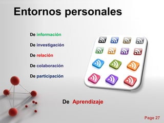 Entornos personales
  De información

  De investigación

  De relación

  De colaboración

  De participación




                   De Aprendizaje

                                    Page 27
 