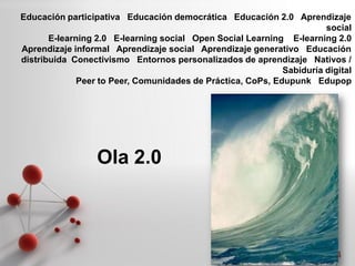Educación participativa Educación democrática Educación 2.0 Aprendizaje
                                                                       social
       E-learning 2.0 E-learning social Open Social Learning E-learning 2.0
Aprendizaje informal Aprendizaje social Aprendizaje generativo Educación
distribuida Conectivismo Entornos personalizados de aprendizaje Nativos /
                                                             Sabiduría digital
              Peer to Peer, Comunidades de Práctica, CoPs, Edupunk Edupop




                  Ola 2.0



                                                                    Page 4
 