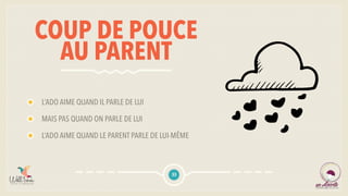 COUP DE POUCE
AU PARENT
L’ADO AIME QUAND IL PARLE DE LUI
MAIS PAS QUAND ON PARLE DE LUI
L’ADO AIME QUAND LE PARENT PARLE DE LUI-MÊME
33
 