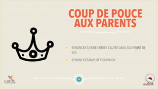COUP DE POUCE
AUX PARENTS
RENONCER À FAIRE ENTRER L’AUTRE DANS SON POINT DE
VUE
RENONCER À IMPOSER SA VISION
45
 