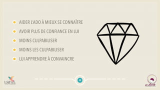 AIDER L’ADO À MIEUX SE CONNAÎTRE
AVOIR PLUS DE CONFIANCE EN LUI
MOINS CULPABILISER
MOINS LES CULPABILISER
LUI APPRENDRE À CONVAINCRE
48
 