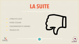 LA SUITE
L’ENNUI EN CLASSE
PHOBIE SCOLAIRE
CONSOMMATION DE CANNABIS
TROUBLES DYS.
53
 