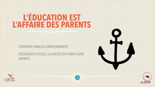 L’ÉDUCATION EST
L’AFFAIRE DES PARENTS
CERTAINES FAMILLES DÉMISSIONNENT
DÉLÈGUENTÀ L’ÉCOLE, LA SOCIÉTÉ DE PUNIR LEURS
ENFANTS
6
 