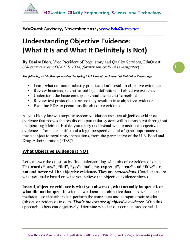 What is Objective Evidence? - EduQuest FDA Compliance Advisory | PDF ...